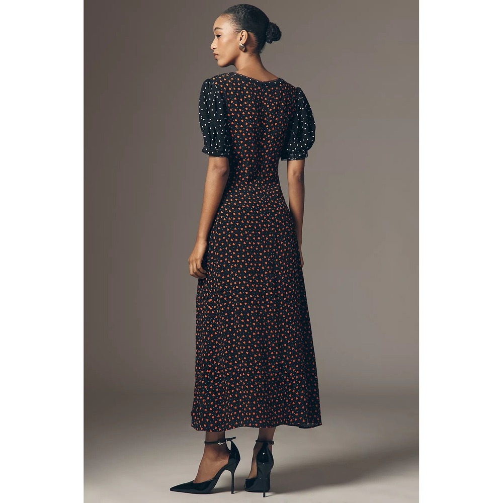 Maeve Anthropologie Heart Polka Dot V Neck A Line Midi Dress Large NWT - Picture 2 of 6
